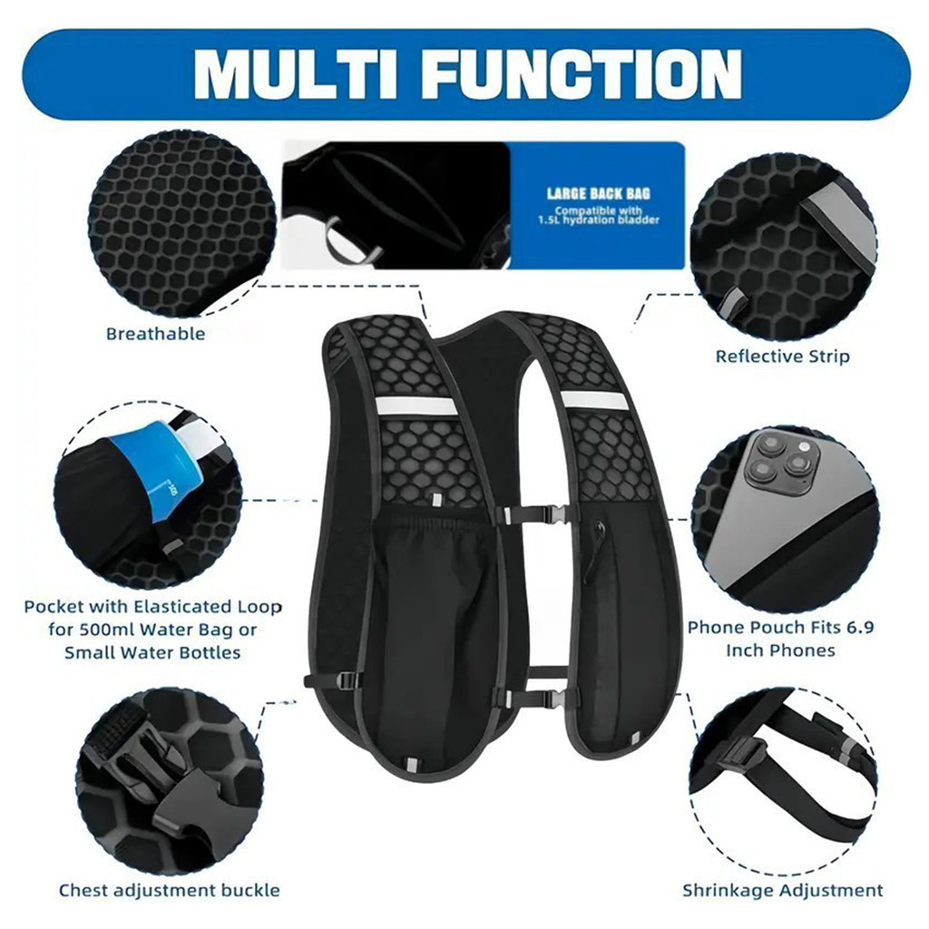 เสื้อกั๊กไฮเดรชั่นคอวีสำหรับการวิ่งและปั่นจักรยาน กันน้ำ มีที่วางโทรศัพท์และขวด พร้อมใช้ในการทำกิจกรรมกลางแจ้ง - รูปที่ 4