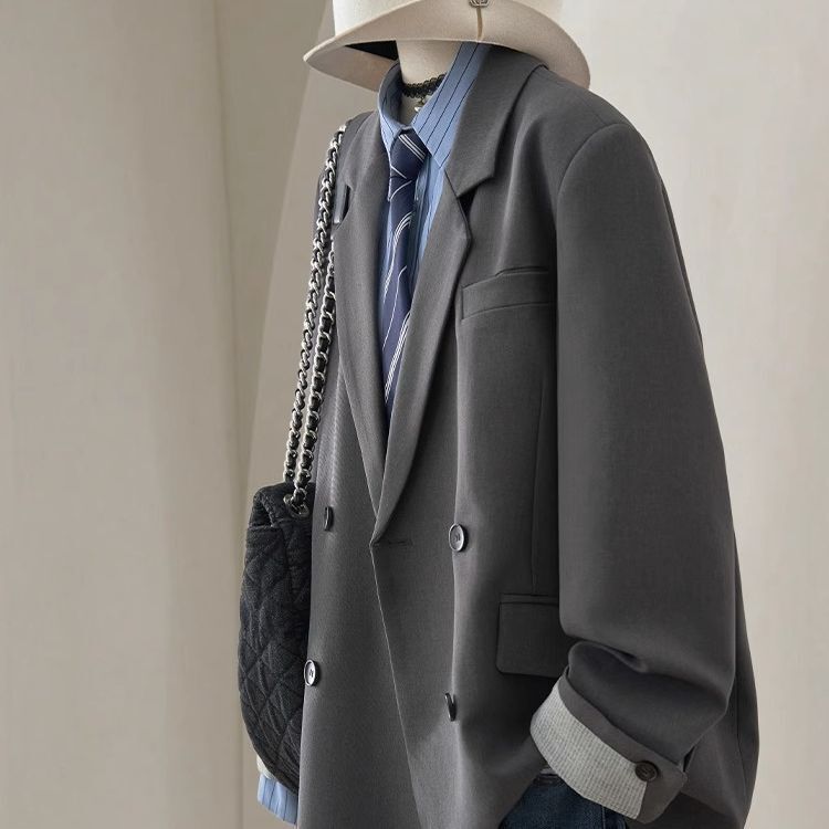 ชุดผู้หญิงฤดูใบไม้ผลิ ไซส์ใหญ่ สีเทา ดีไซน์หรูหรา-retro blazer-