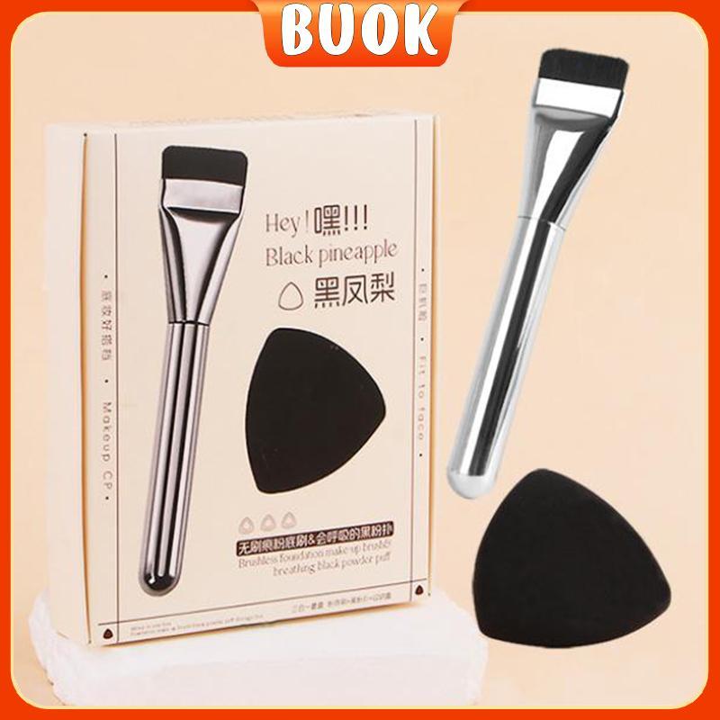 BUOK 3-In-1 Flat-Head Foundation แปรงและสีดําแต่งหน้าพัฟเครื่องปั่นฟองน้ํา Ultra-Thin Head Traceless