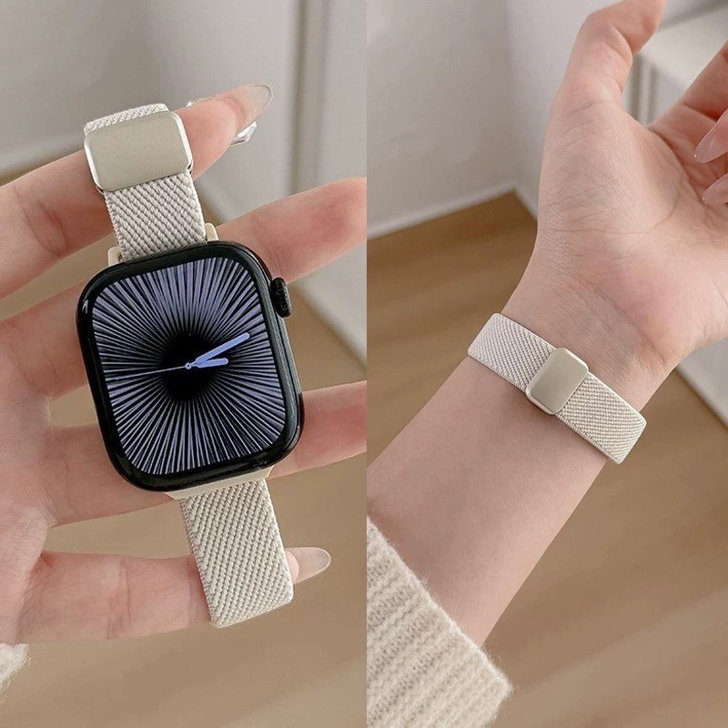 สายรัดไนลอนแม่เหล็กสําหรับ Apple Watch 11 10 42 มม.41 มม.40 มม.44 มม.45 มม.38 มม.46 มม.49 มม.Slim ความยืดหยุ่นสร้อยข้อมือสําหรับ iWatch series 9 8 7 SE 3 2 6 5 Ultra 3 2