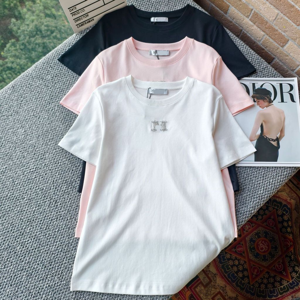 LWO8 MaxMar* Early Spring Summer New High-end Letter Design logo Hotfix Rhinestone Beaded Short Slee