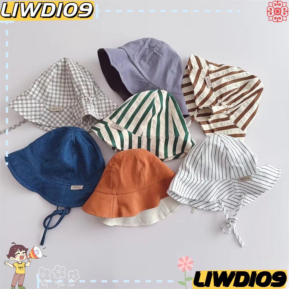 หมวกกันแดดเด็ก แบบลาย Lacing และหมวกชาวประมง สีทึบ ทำจากผ้าฝ้ายคุณภาพดี สำหรับทารกและเด็กผู้หญิง