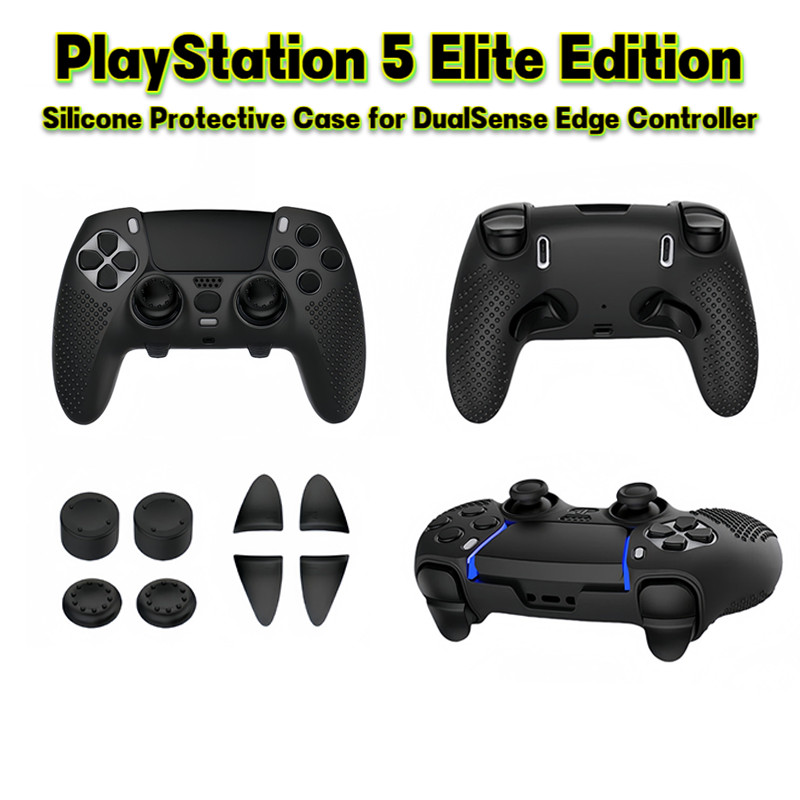 เคสซิลิโคนสําหรับ PS5 Edge Controller - เคสซิลิโคนกันลื่น/ผิว + Thumb Grip Caps + ฝาครอบทริกเกอร์สําหรับ PS5 Edge Controller (สีดํา)