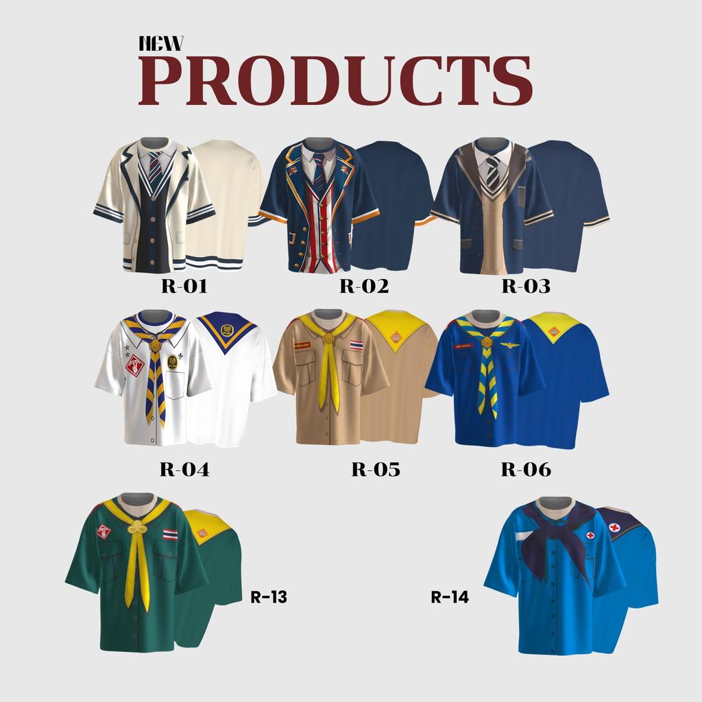 เสื้อยืดคอกลม แฟชั่น ลายชุดนักเรียน ลูกเสือ คอสเพลย์ น่ารัก เท่ ใส่ได้ทั้งผู้ชาย ผู้หญิง พร้อมส่งทุกแบบ R-01-R-06