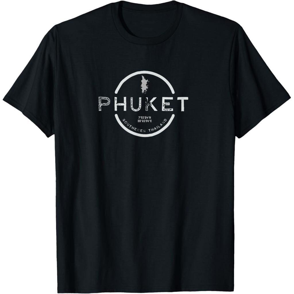 เสื้อยืดผ้าฝ้ายลาย PHUKET Southern Thailand Map Coordinates สไตล์ท่องเที่ยวไทย ยูนิเซ็กซ์ เสื้อพิมพ์