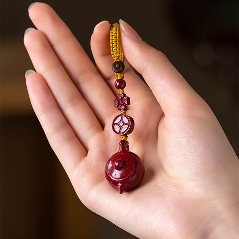 Cinnabar teapot keychain retro unisex Hu pendant abacus mahjong fox mobile phone chain birthday gift