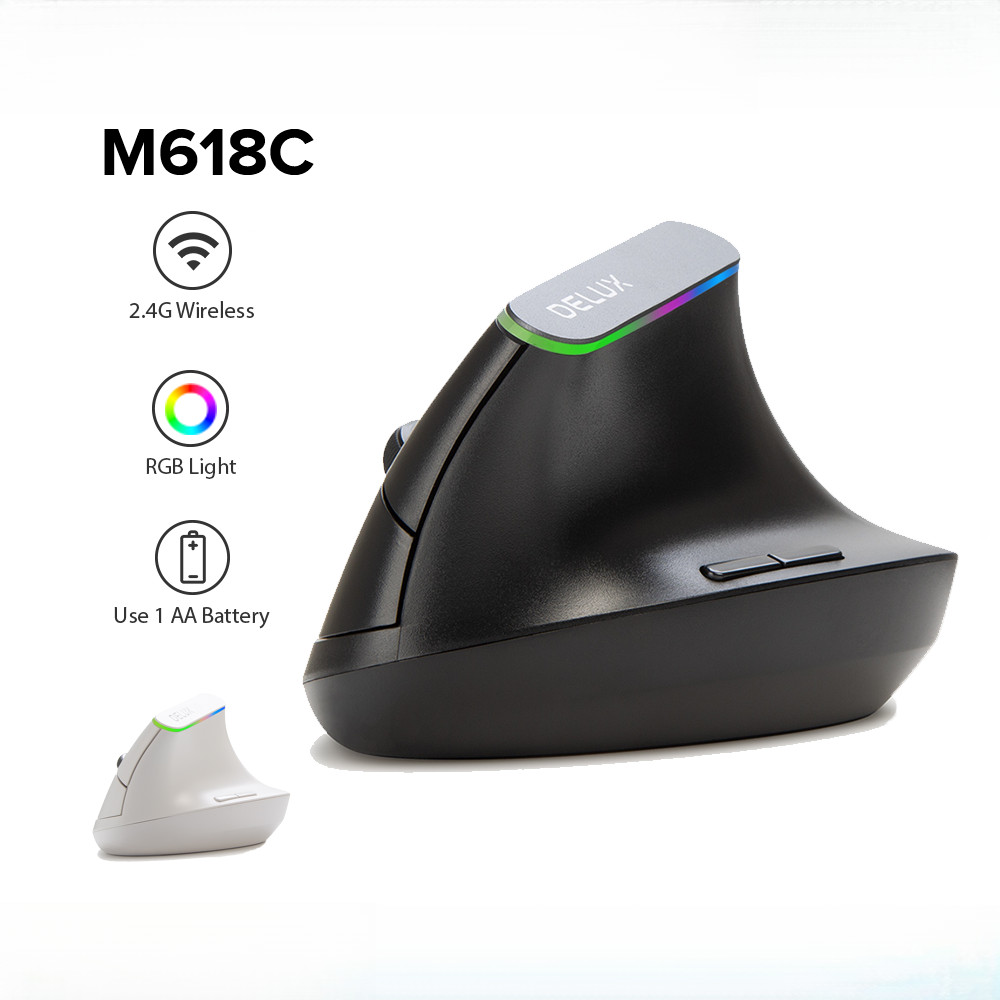 Delux M618C เมาส์แนวตั้งไร้สาย Ergonomic 6 ปุ่ม MAX 1600DPI Optical 3D เม้าส์ RGB light M ขนาด 95g น