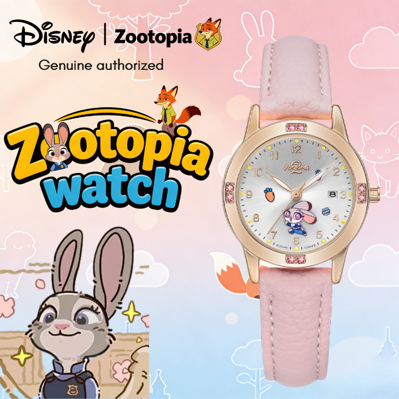 นาฬิกาผู้หญิง Disney ลิขสิทธิ์แท้ Zootopia 2 Judy กันน้ำ มีปฏิทิน ประดับเพชร สายหนัง นาฬิกาควอตซ์ นักเรียน ของขวัญ