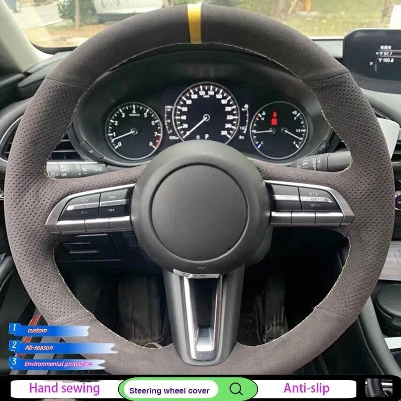 การปรับแต่ง Hand-stitched หนังนิ่มสีดําพวงมาลัยรถสําหรับ Mazda CX-3 CX3 CX-5 CX5 2017 2018 อะไหล่รถย