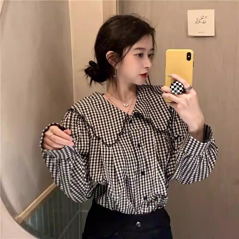 เสื้อเชิ้ตแขนยาวคอปกบัว ลายสก็อดแขนตุ๊กตาสไตล์เกาหลี แฟชั่นฤดูใบไม้ผลิ เรียบหรูแมตช์ง่าย-พร้อมส่งจากไทย-รุ่น99130
