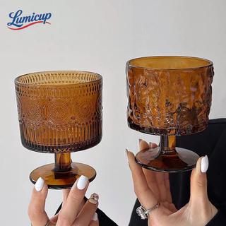 แก้วไวน์เตี้ยสีอำพัน 280ml สไตล์วินเทจ แก้วกาแฟ แก้วน้ำดีไซน์หรู ถ่ายรูปสวย ใช้ในคาเฟ่/บ้าน