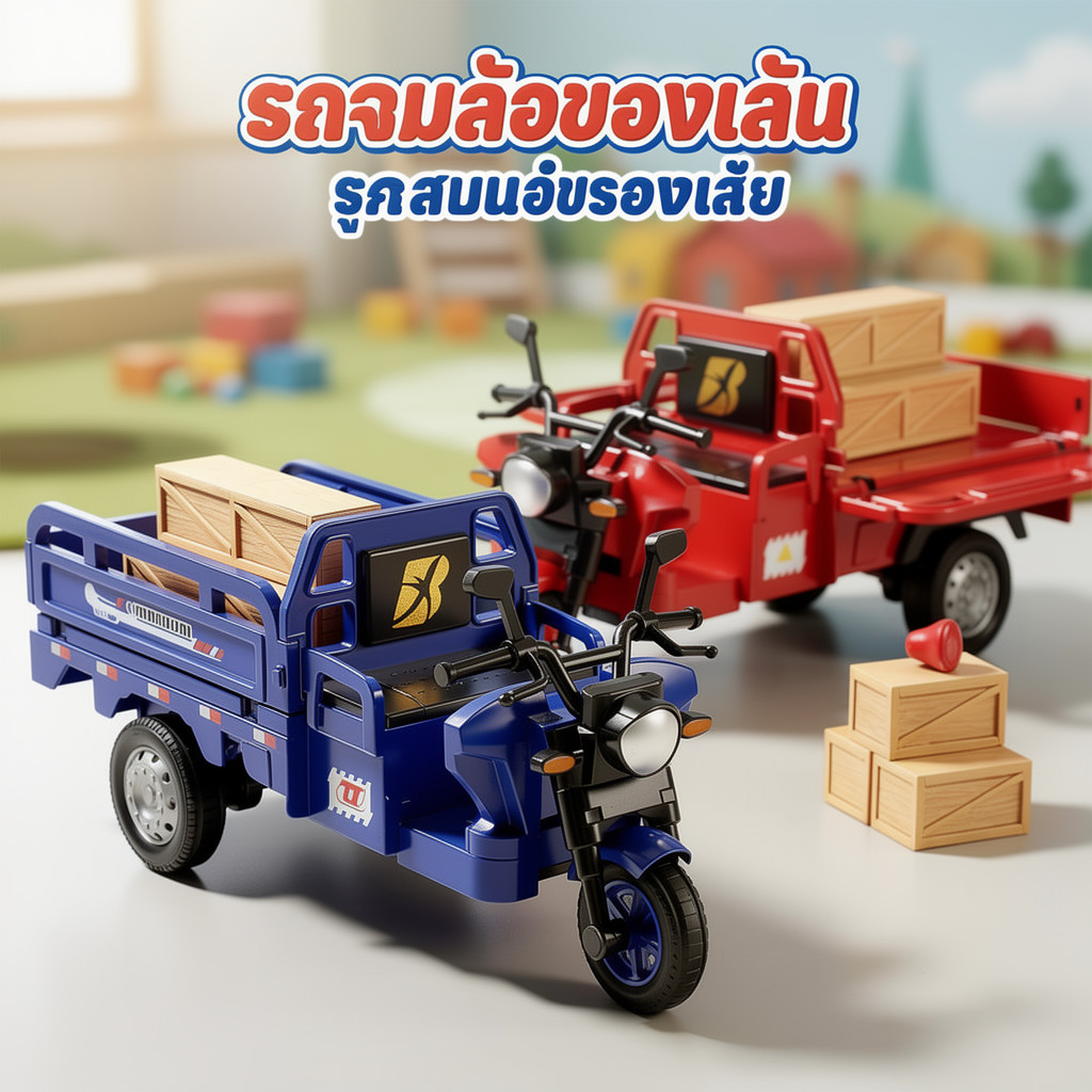 รถสามล้อจำลอง ของเล่นรถดึงถอยหลัง ไม่ใช้แบตเตอรี่ รถตุ๊กตุ๊กเด็ก รถบรรทุกแบน เด็กผู้ชาย