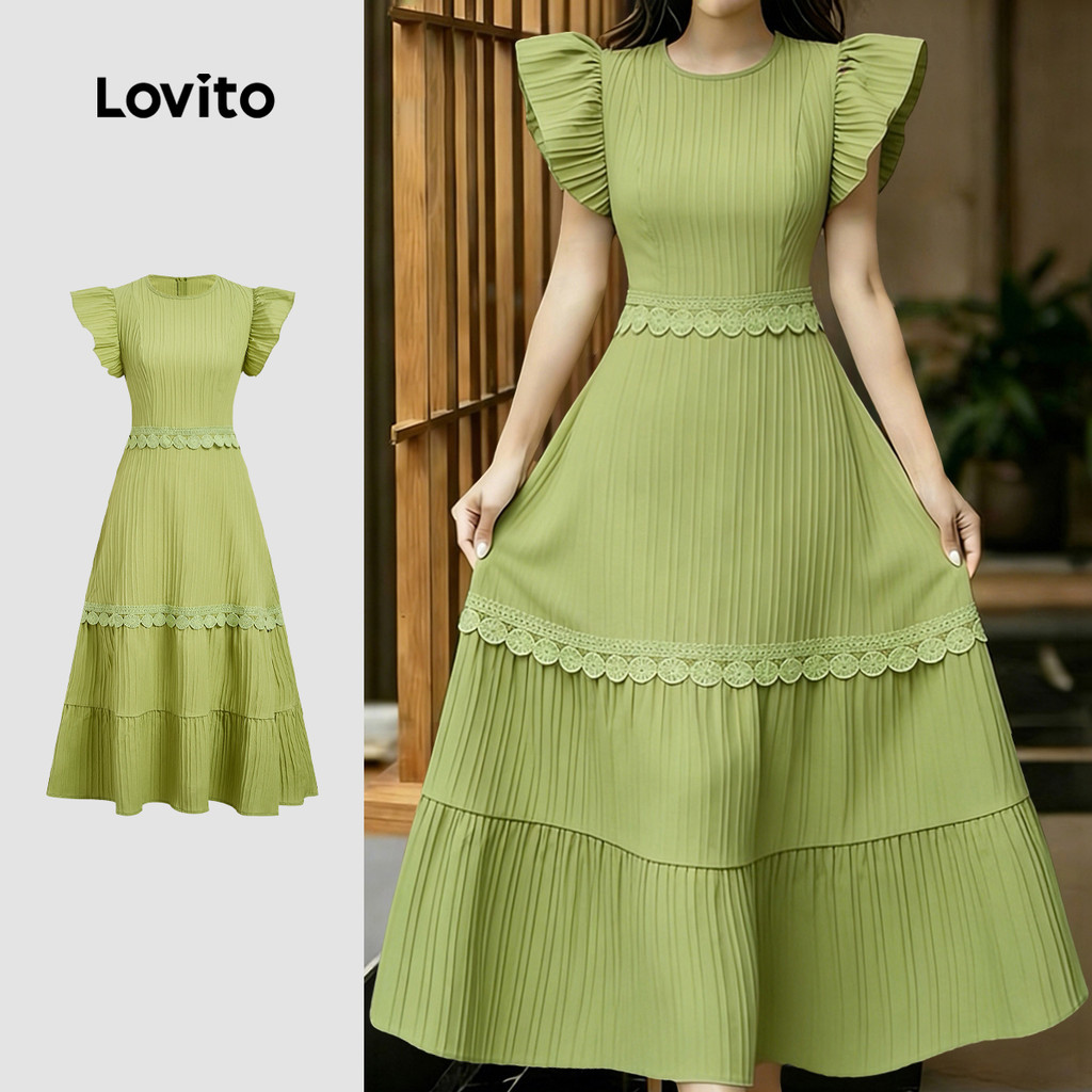 Lovito ชุดเดรสสีเขียวสดใส คอปกระบายพร้อมซิป สไตล์ฤดูใบไม้ผลิ/ฤดูร้อนสําหรับผู้หญิง LBL35129