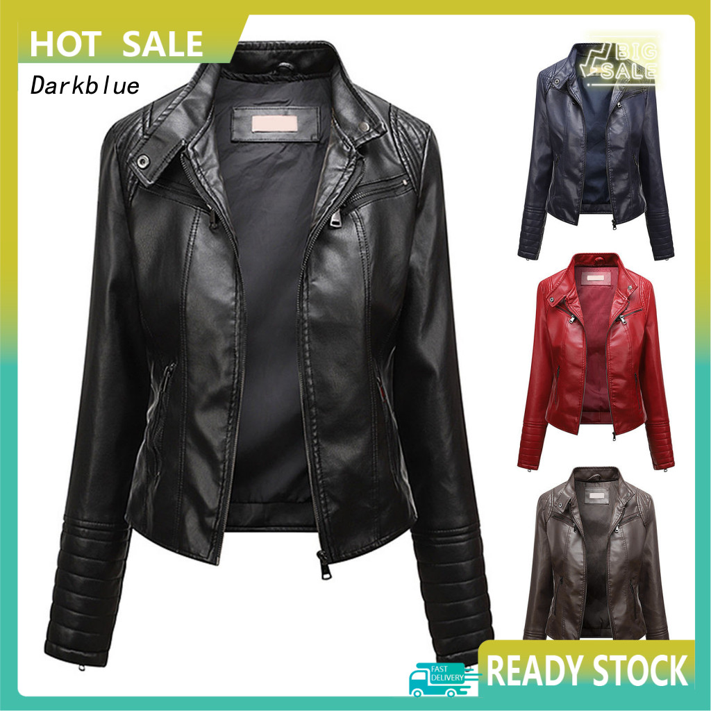 <Darkblue>เสื้อหนังเทียมSlim Fit Jacketผู้หญิงs Slim Fit Faux Leather Biker Jacket Stand Collarแขนยา