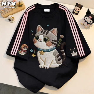 【จัดส่งตลอด 24 ชั่วโมง】NFV ใหม่ล่าสุด แฟชั่นเกาหลี เสื้อยืดเปล่า ลายพิมพ์แมวน่ารัก ผ้าหนายับยากรีดง่าย ผ้าฝ้าย YG4721