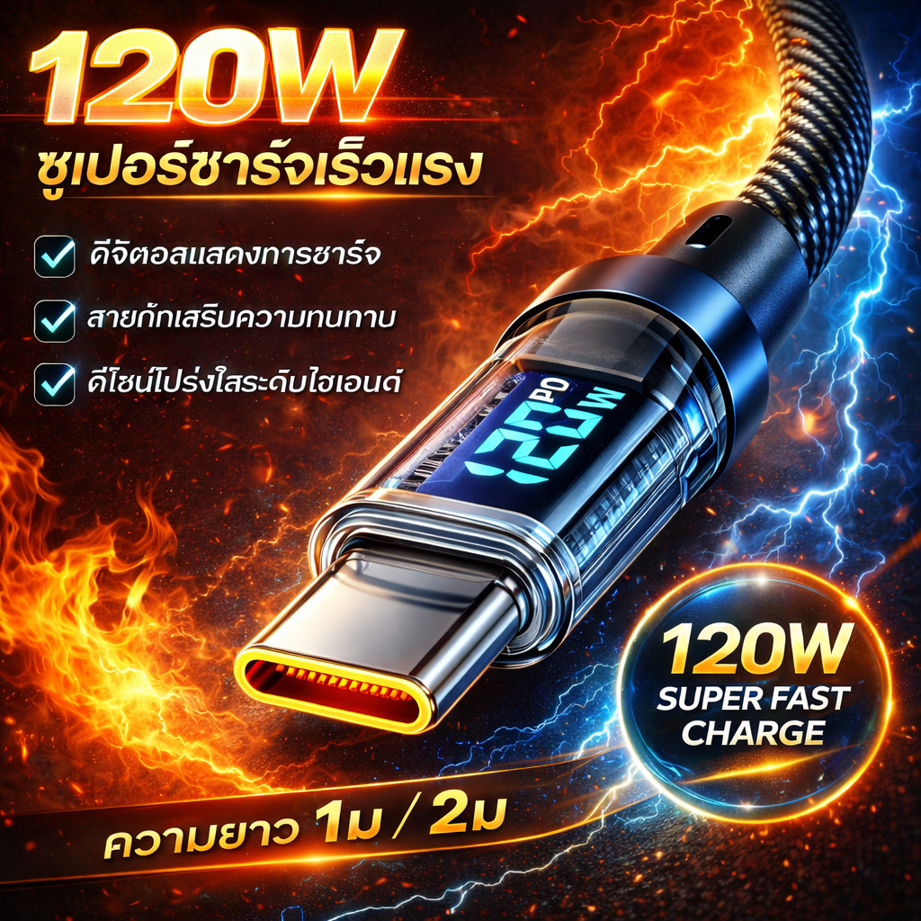 สายชาร์จเร็ว 120W สายชาร์จUSB TO C Type C สายถัก มีจอ LED โปร่งใส ชาร์จด่วน 1m 2m
