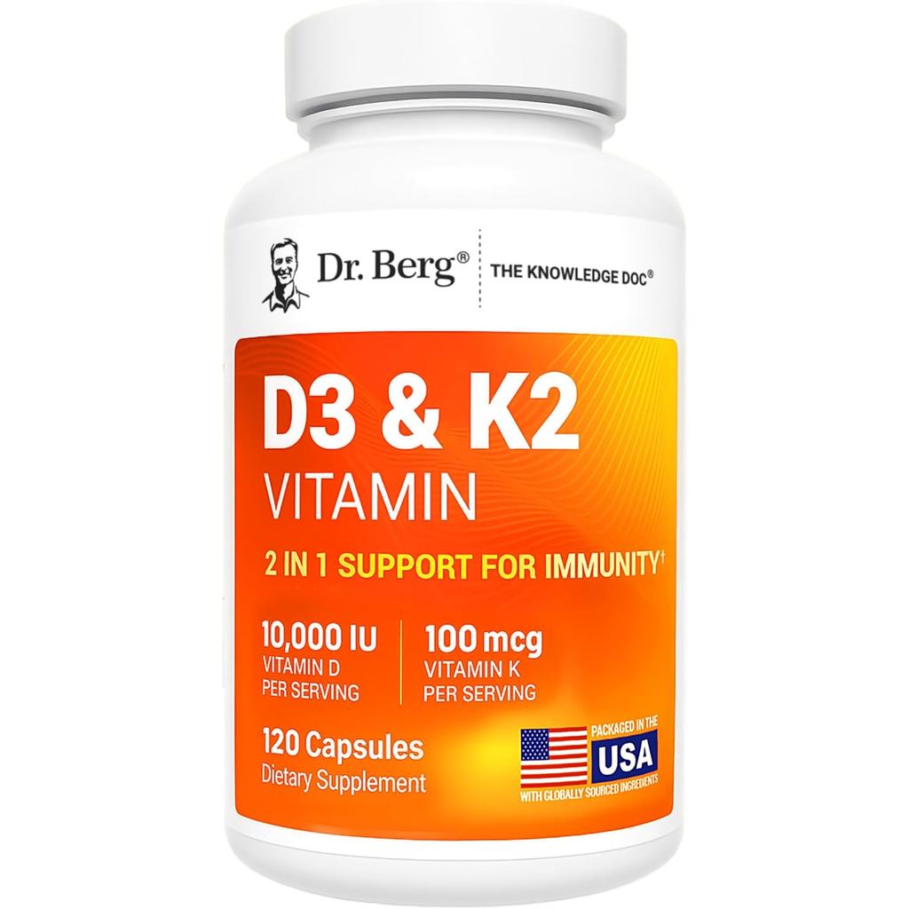 ดร. Berg Vitamin D3 & K2 10,000 IU + MK-7 – 120 แคปซูล – Immune, & Heart Support* w/, Zinc, B6 – 4X 
