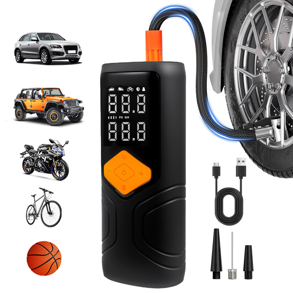 QA ปั๊มลมอเนกประสงค์แบบพกพา Universal 150PSI ปั๊มลมไร้สายสำหรับเติมลมยางรถยนต์ พร้อมแบตเตอรี่ 3000mA