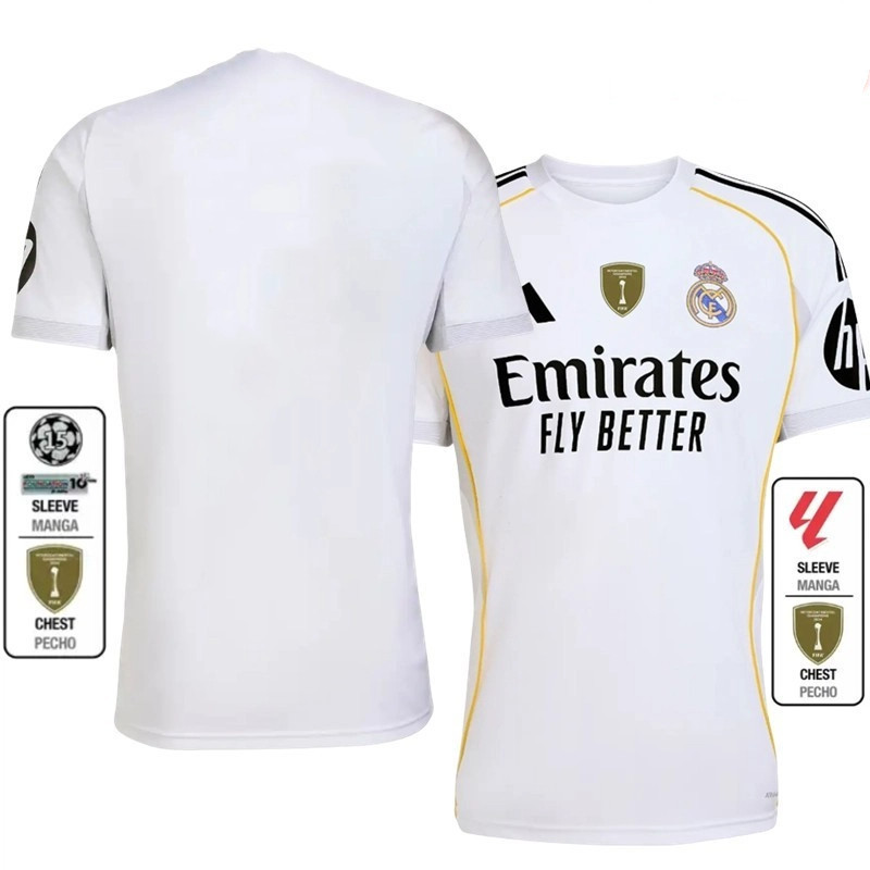 เสื้อทีมฟุตบอล Real Madrid แบบแฟนเอดิชัน มีหมายเลขของ Ronaldo (#7) และ Mbappe (#5)