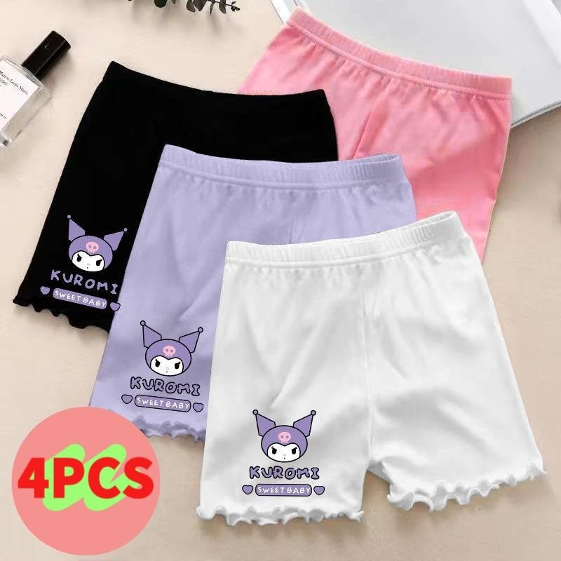 กางเกงขาสั้นเซฟตี้เด็กผู้หญิง ขนาด 4 ชิ้น ทำจากผ้าไหมน้ำแข็ง ออกแบบมาเพื่อความยืดหยุ่นและระบายอากาศได้ดี มาพร้อมลายการ์ตูนคุโรมิ สไตล์น่ารัก ในราคาพิเศษ