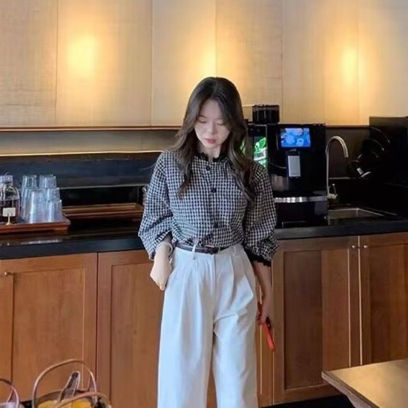 vicky~Xเวอร์ชั่นเกาหลี วินเทจ ลูกไม้ คอกลม แขนยาว ตาราง เสื้อเชิ้ต รุ่นใหม่ ราคา ถูกที่สุด ดีลบีเคเค แกลเลอรีภาพที่ 7
