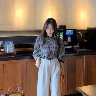 vicky~Xเวอร์ชั่นเกาหลี วินเทจ ลูกไม้ คอกลม แขนยาว ตาราง เสื้อเชิ้ต รุ่นใหม่