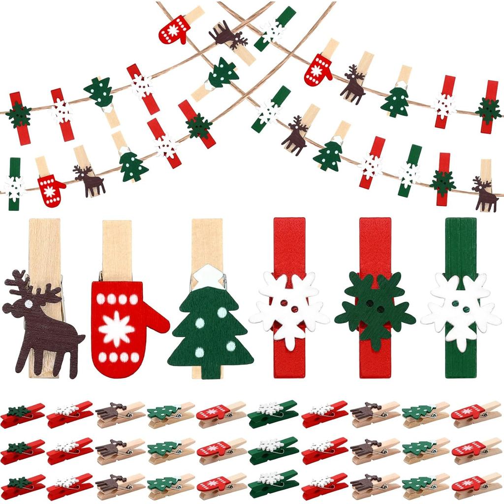 NOVWANG คลิปคริสต์มาส, 60 ชิ้น Mini Christmas ไม้สีแดงเสื้อผ้า Pins สําหรับการ์ดภาพผสมรูปแบบ Snowfla