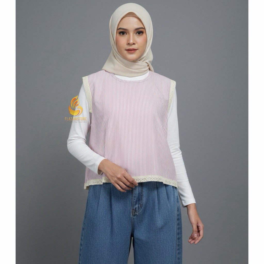 KATUN Zani - Yenna Inner Stripe Top แขนกุด - เสื้อกั๊กลําลองผู้หญิงพร้อมผ้าฝ้ายลูกไม้ Variation