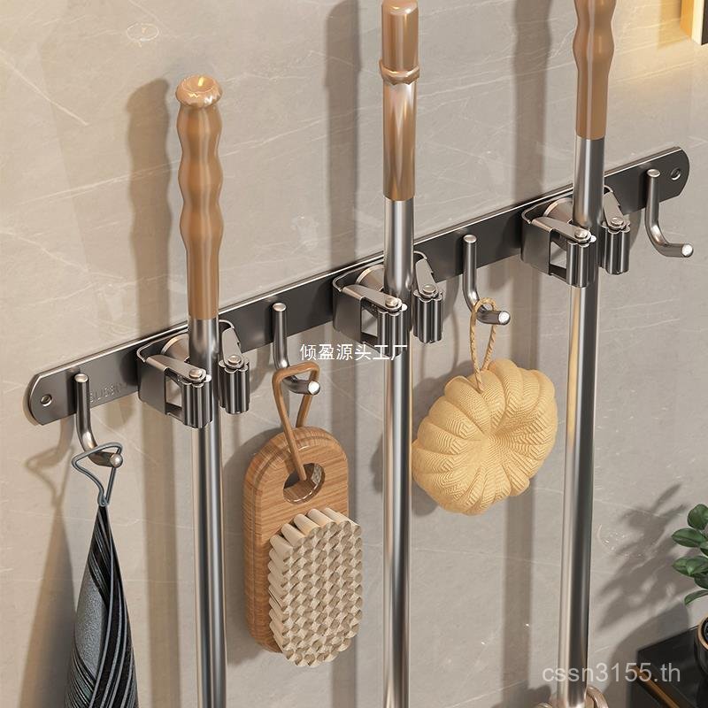 สแตนเลสมัลติฟังก์ชั่ติดผนังไม้กวาดคลิปสีเทาห้องน้ําเก็บซับตะขอยึดกรอบหนึ่งแถวเจาะฟรี hf8พี