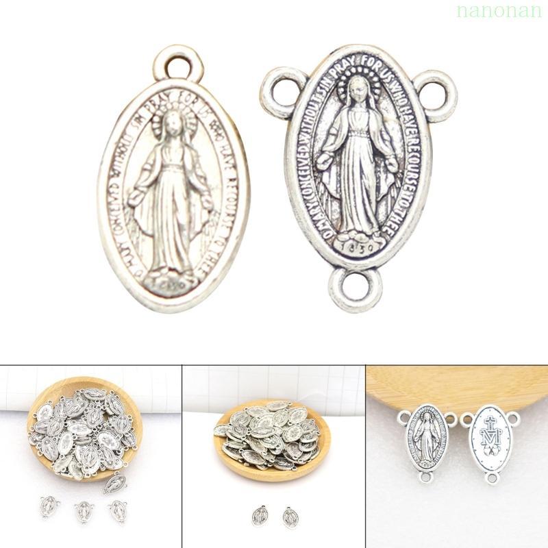 Virgin Mary เหรียญจี้โบราณรูปไข่เงิน แบบ Oxidized สำหรับทำอุปกรณ์ DIY สร้อยคอ 10 ชิ้น
