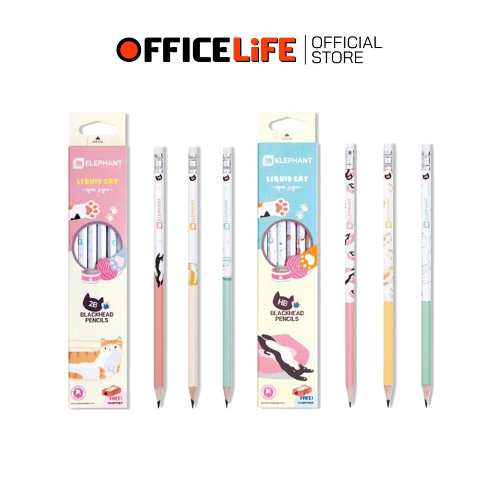 Elephant (ตราช้าง) ดินสอ ดินสอดำ 2B และ HB ลิควิดแคท  LIQUID CAT  ( จำนวน 12 แท่ง / กล่อง )