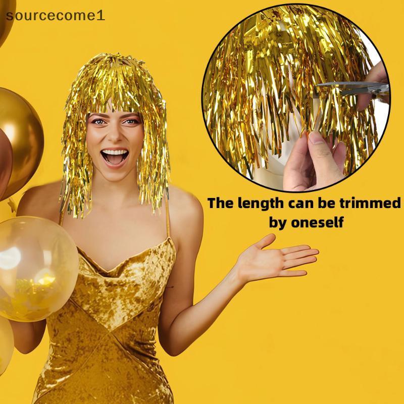 วิกผมเงางามแบบ Tinsel สำหรับปาร์ตี้ มาพร้อมหมวกfoil Tinsel เหมาะสำหรับชุดแฟนซีและคอสเพลย์