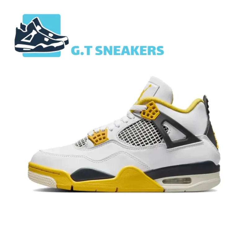 Air Jordan 4 Retro สีขาวสีเหลือง Mid-Tube รองเท้าบาสเก็ตบอลรองเท้าผ้าใบกันกระแทกผู้ชายผู้หญิงอินเทรน