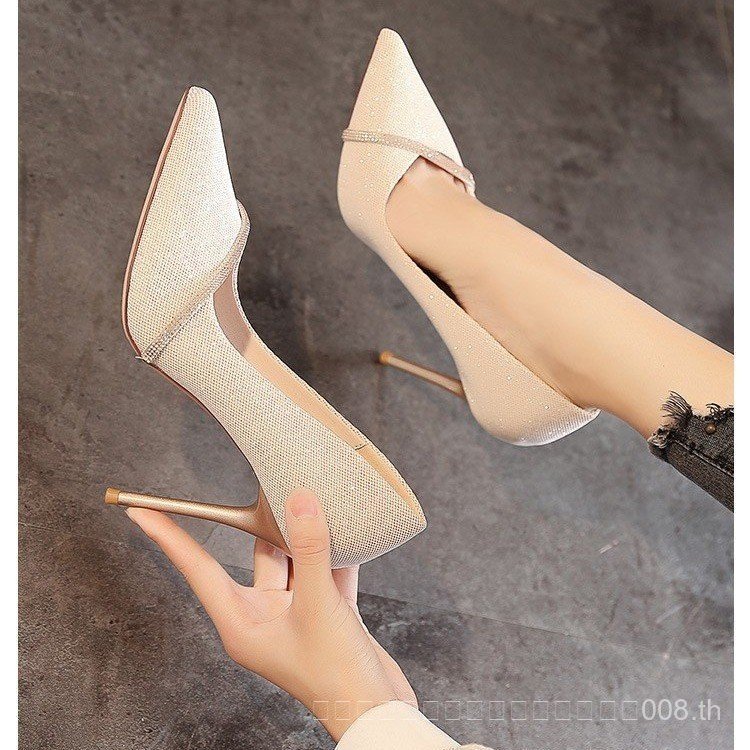 รองเท้าส้นสูงสтайล์ใหม่ 9 ซม. ส้นสูงแบบ Stiletto กับดีไซน์หน้าปุ่มแหลมและประดับคริสตัล สำหรับสาวๆ คนทำงานหรือสวมใส่อย่าง-fashionable
