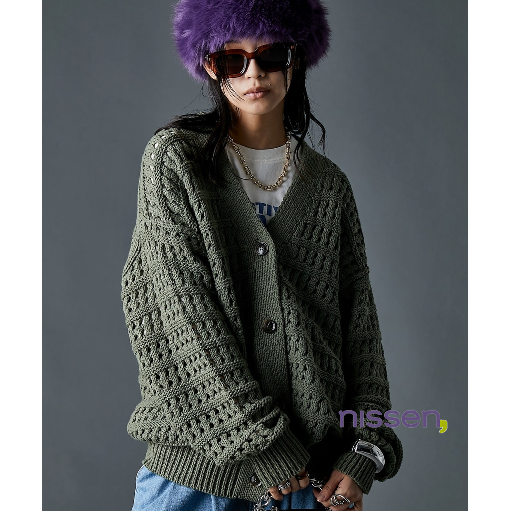 Direct from Japan Nissen_ เสื้อคาร์ดิแกนไหมพรมถักนูนคอวี GEVS. ทรงหลวม สวมสบาย สไตล์มินิมอล แฟชั่นผู้หญิงไซส์ใหญ่ เสื้อคลุมกันหนาวฤดูใบไม้ร่วง