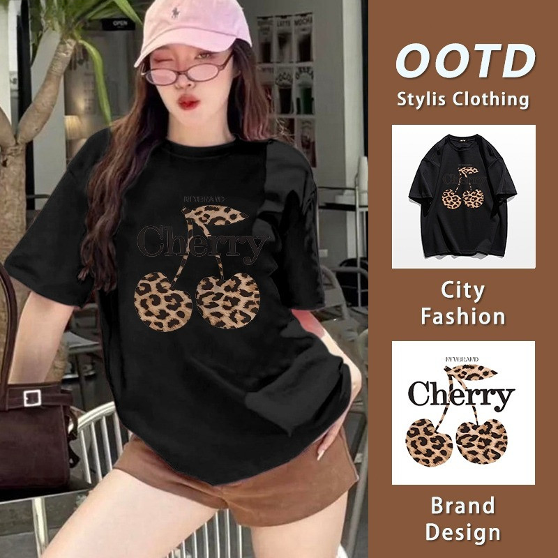 [จัดส่งจากกรุงเทพฯ] เสื้อยืดเกาหลี🍒ลายเชอร์รี่-เสือดาว แขนสั้นคอกลม โอเวอร์ไซซ์ ทรงหลวม ระบายอากาศ 12.25