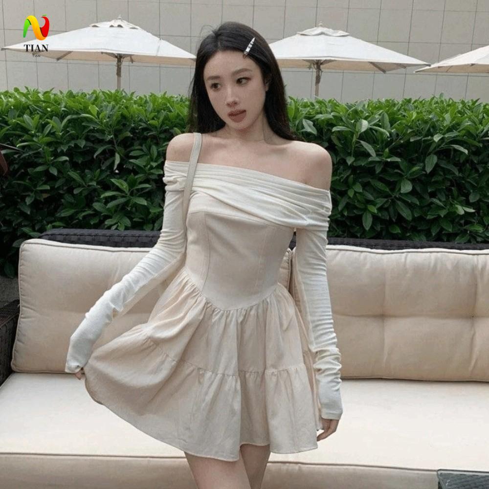 INQUIRY IMPACT กระโปรงสั้นบาง, แขนยาว SLIM Fit ชุดคอปกเดียว, อารมณ์แฟชั่นเกาหลี Leisure Y2K A-line ก