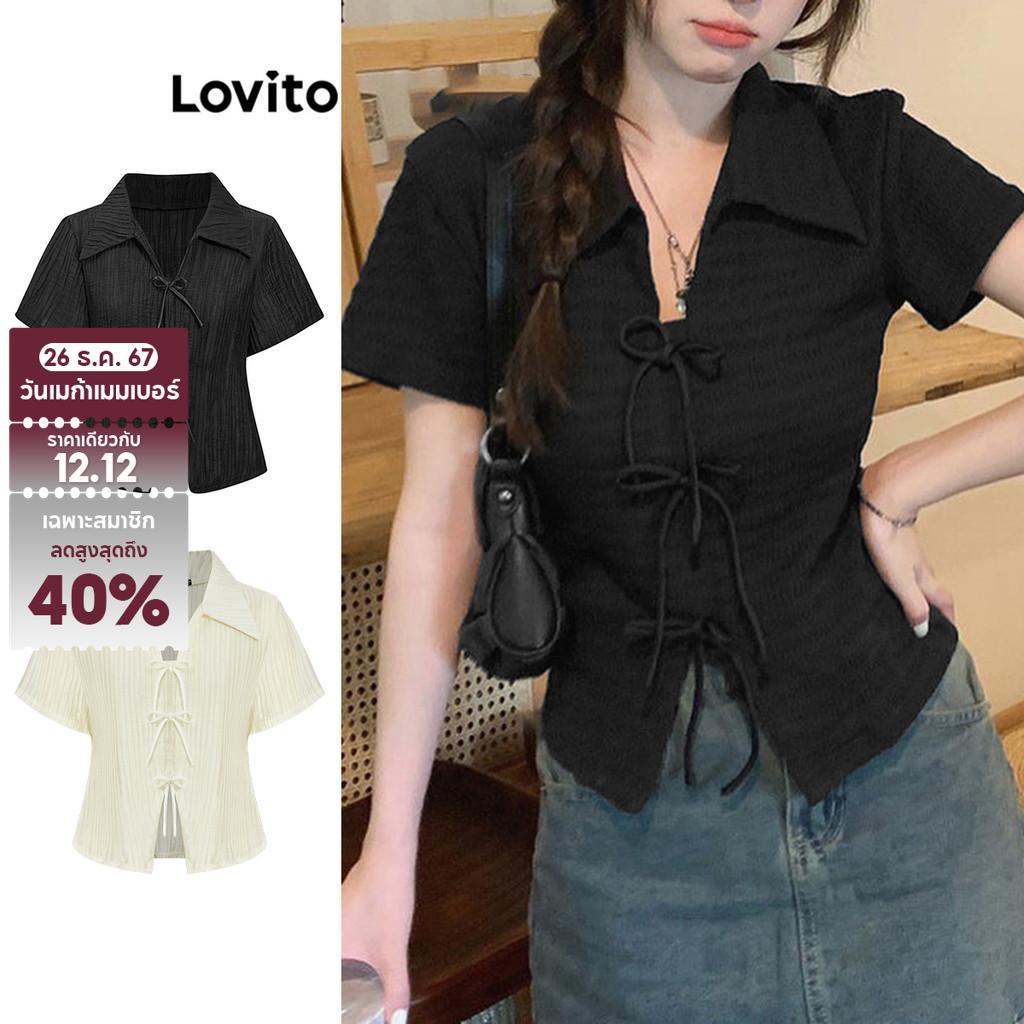 Lovito เสื้อยืดน่ารักเสื้อยืด ผ้าแจ็คการ์ด โบว์ธรรมดาฤดูร้อนสําหรับผู้หญิง L87ED028 (หลากสี)
