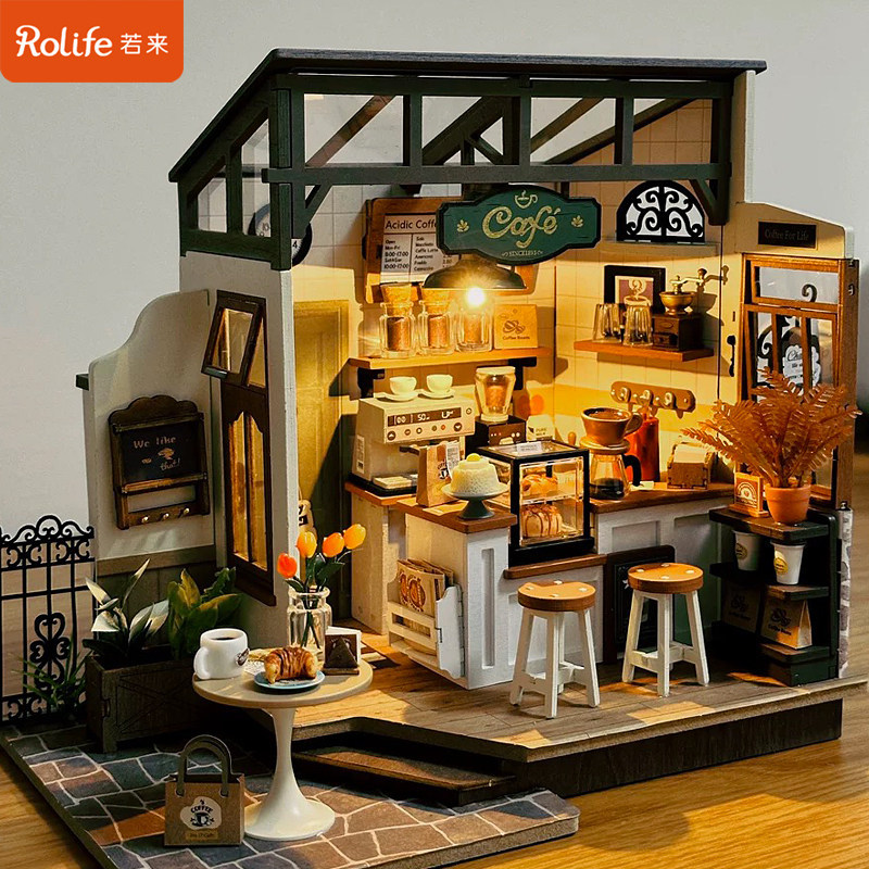 Ruolai Super World diy Hut Cafe Art House Mini Miniature ฉากรุ่น Hand-Assembled Building Blocks