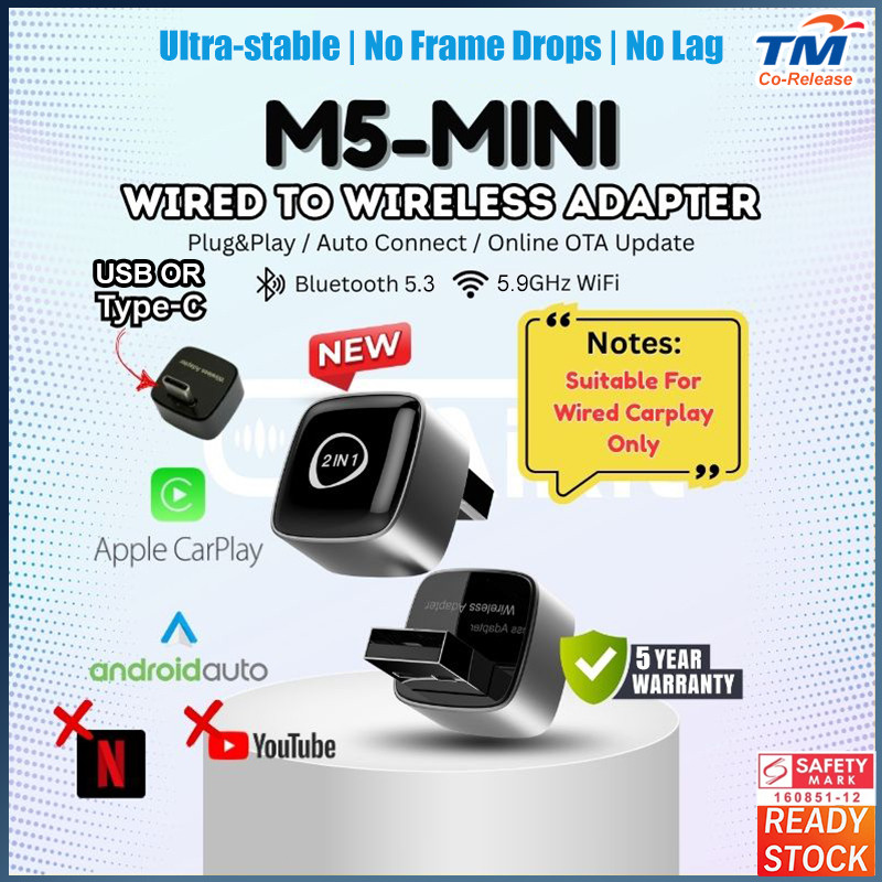 M5 Mini Carplay Adapter แบบมีสายกับไร้สาย Apple Carplay ไร้สาย Android Auto ไร้ dongle apple carplay