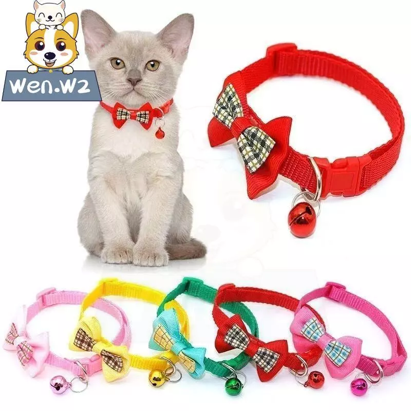 wen.W2 ปลอกคอแมว-น้องหมา แบบตาหมากรุกผูกโบว์ น่ารัก สุดคลาสสิก