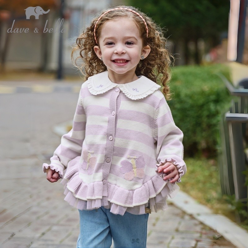 Dave Bella 9M-9Y เสื้อคลุมไหมพรม ลายทาง แขนยาว เด็กหญิง คอกลม คาร์ดิแกน สไตล์หวานน่ารัก DB1250849