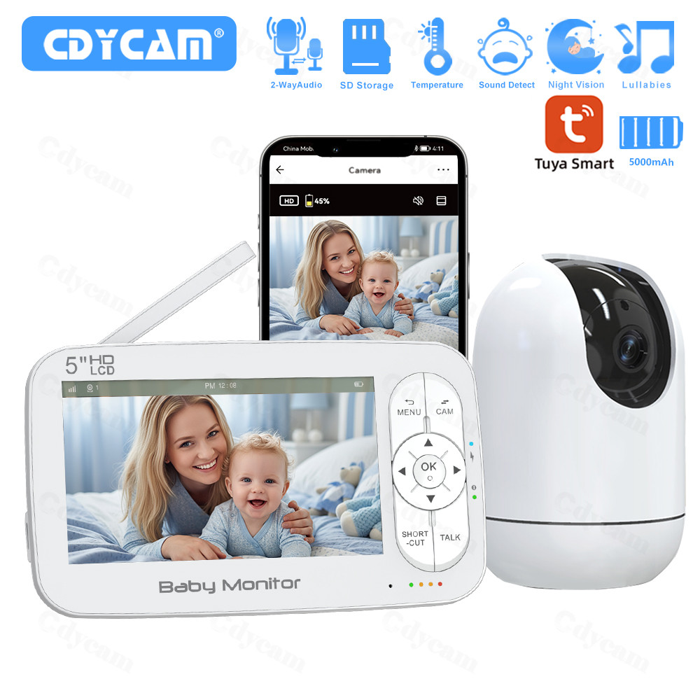 WiFi Baby Monitor โทรศัพท์ APP & Monitor View Control พร้อม Pan-Tilt-Zoom HD กล้องวิดีโอ 5 "จอแสดงผล