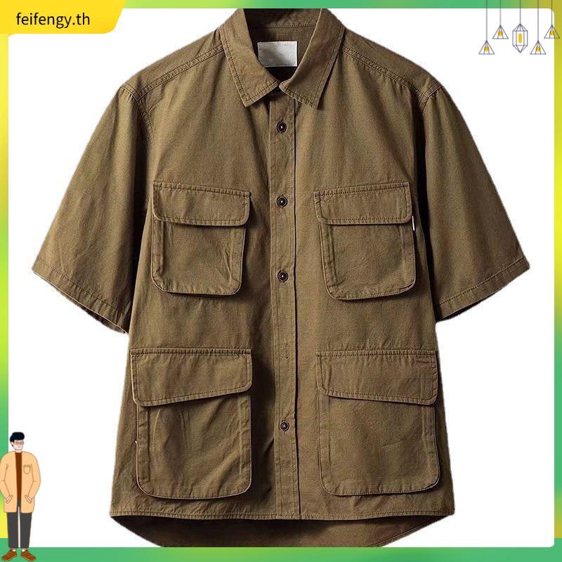 MNO.9 Shirt 617 เสื้อเชิ้ตผู้ชาย เสื้อคลุมแขนสั้น เสื้อเชิ้ตคอปกใช้งานได้จริง เสื้อเชิ้ตคอปก ลำลอง ว