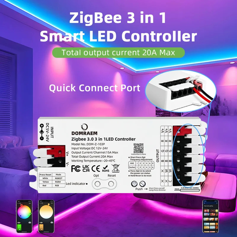 Domram Zigbee3.0 DC12-24V 20A RGB RGBW RGBCCT 3 in 1 LED Strip Controller ใช้งานร่วมกับ HU * E Smart