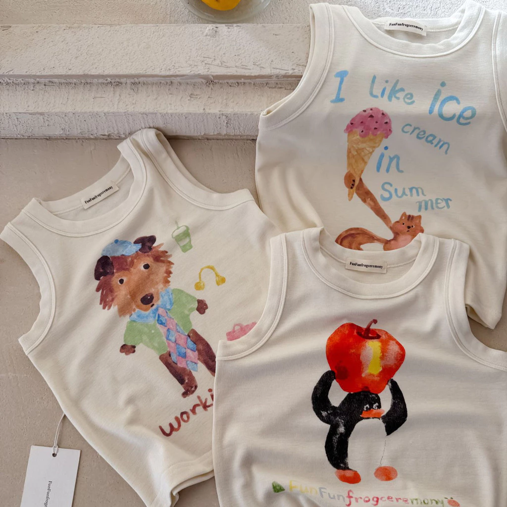 「สินค้าลิขสิทธิ์แท้」IRIS KIDS x Funfun 26ss IKS260345 Rokuku shirt ลายการ์ตูนสุดคิ้วท์ ใส่เล่น ผ้านุ่ม เสื้อกล้ามเด็ก