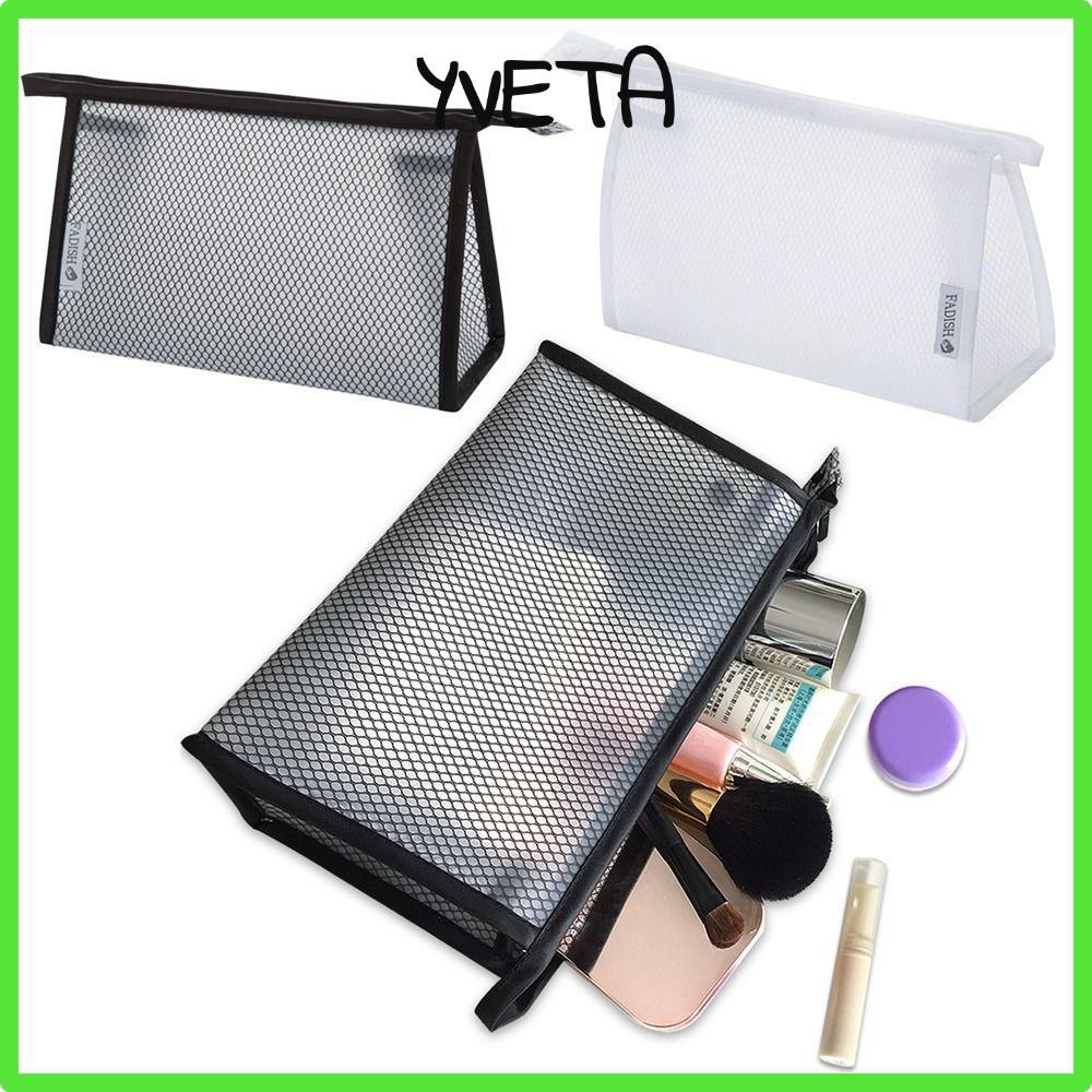 YVETA Makeup , กระเป๋าเครื่องสําอางซิปตาข่าย EVA, กระเป๋าเก็บความงามสีดํา/สีขาวกันน้ําแบบพกพาผู้หญิง