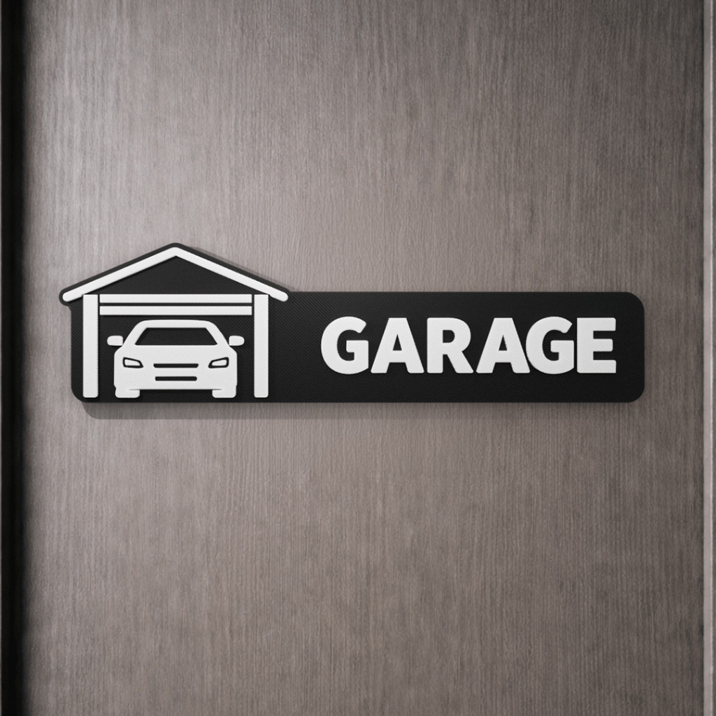 ป้ายโรงรถ 3D สไตล์มินิมอล – ป้าย GARAGE พร้อมไอคอนรถ สีดำขาว ตัวอักษรนูน ติดผนังได้เอง สำหรับบ้านและเวิร์กช็อป