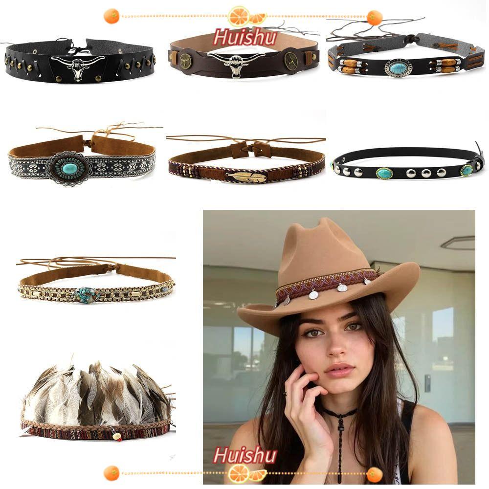HUISHU เข็มขัดหัววัวสไตล์พังก์, หมวกแฮนด์เมดปรับขนาดได้, หัวเข็มขัดPUทอมือ