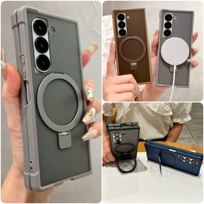 SAMSUNG ปลอกแม่เหล็กป้องกันการตกสี่มุมสําหรับ ซัมซุง กาแลคซี z พับ 7 พับ 6/5 z พับ 4 ฝาครอบพร้อมที่วางแหวนโลหะ